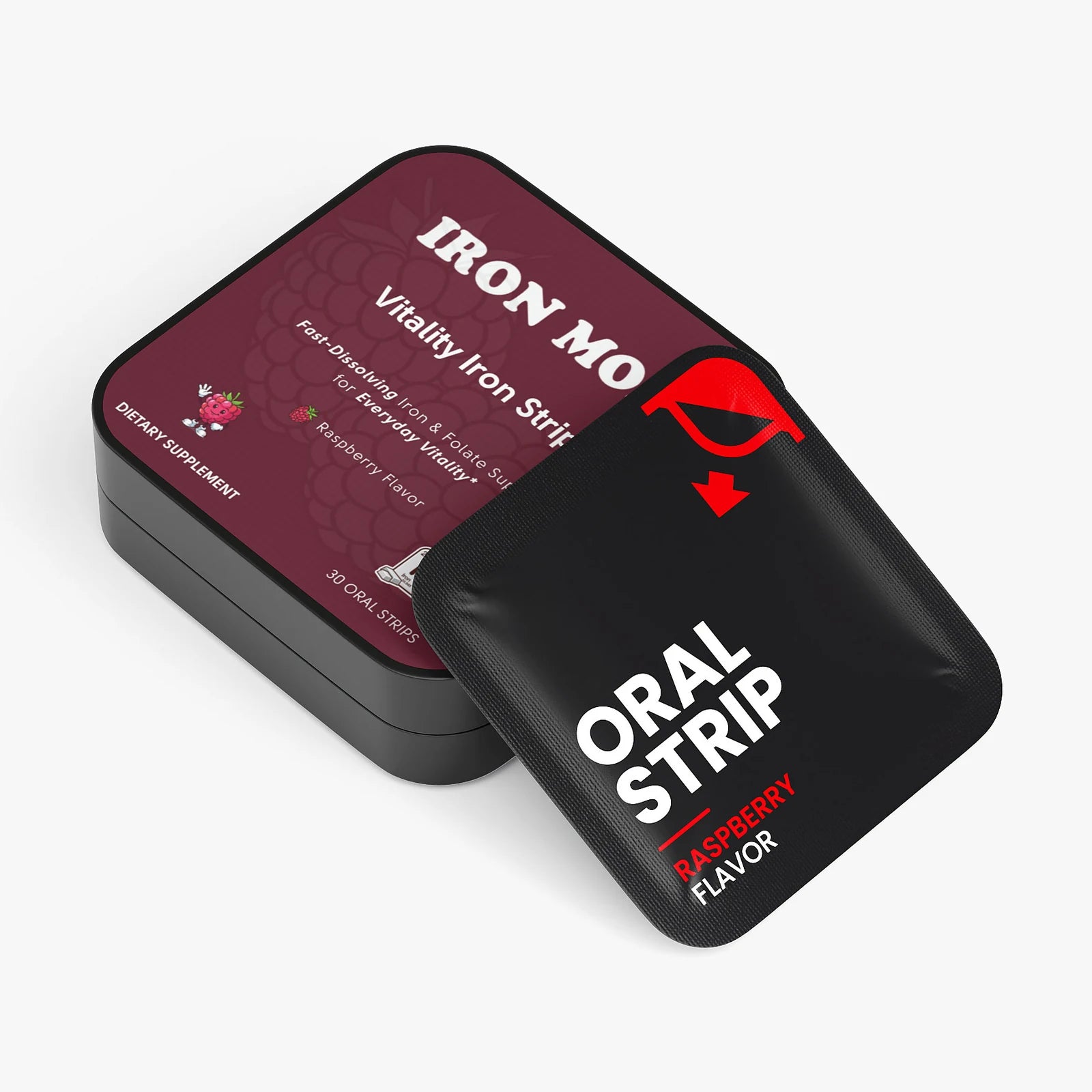 Iron Mom tin with a black raspberry oral strip pouch