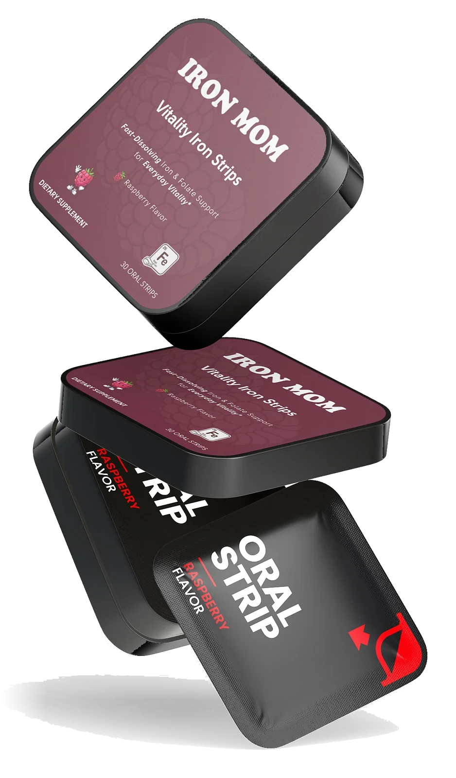 Iron Mom tins and raspberry oral strip pouches stacked in the air