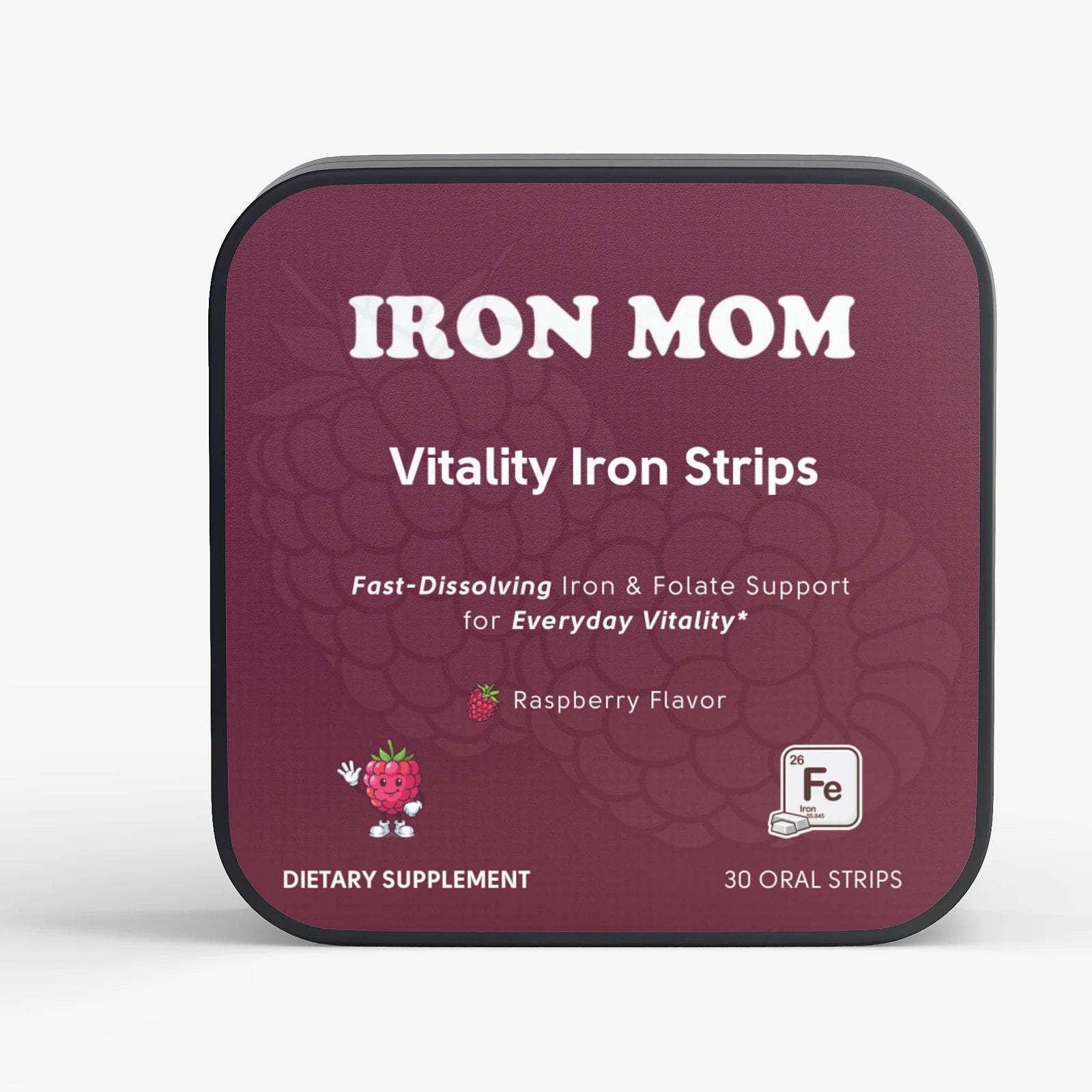 Iron Mom Vitality Iron Strips tin, raspberry flavor, front view