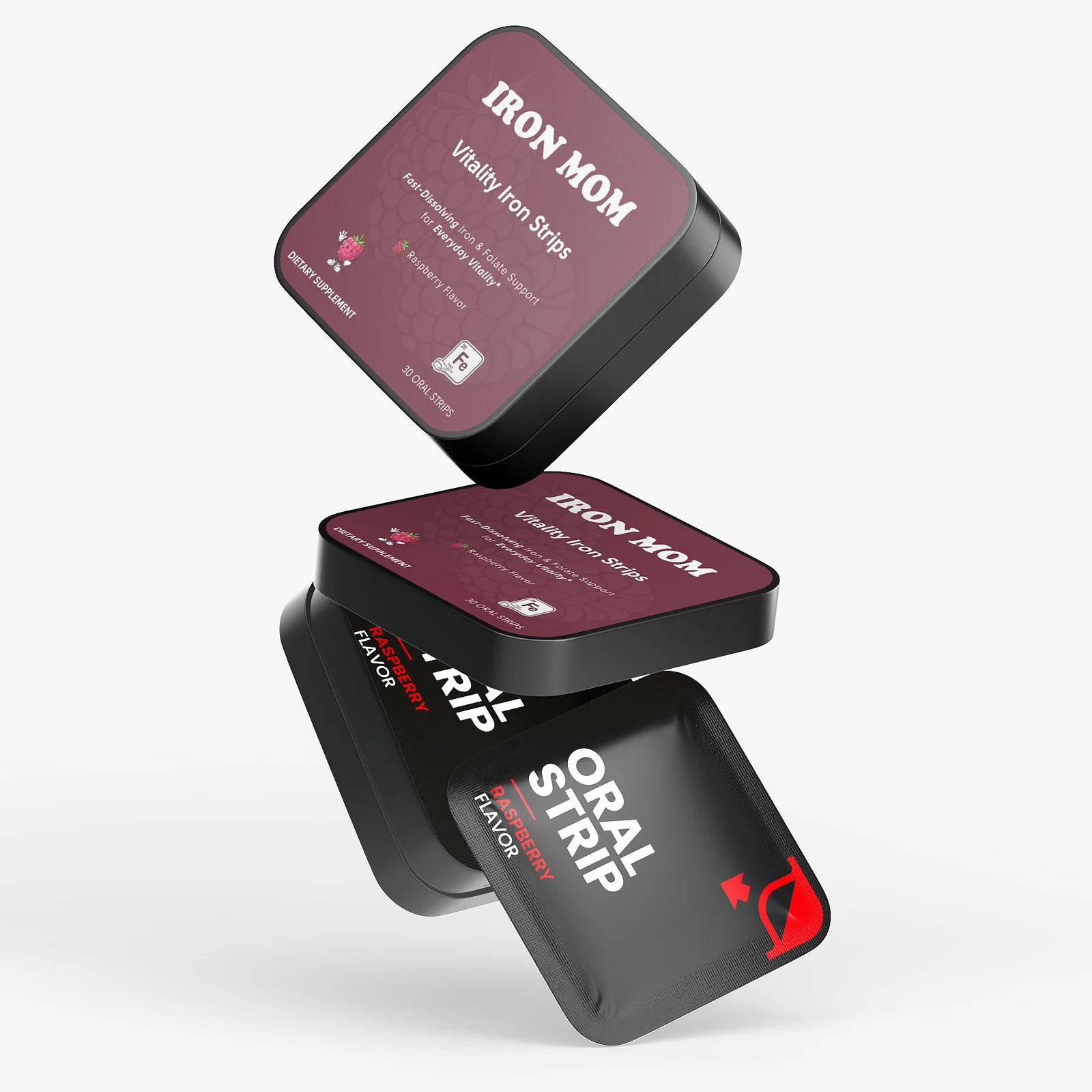 Iron Mom tins and oral strip pouches stacked