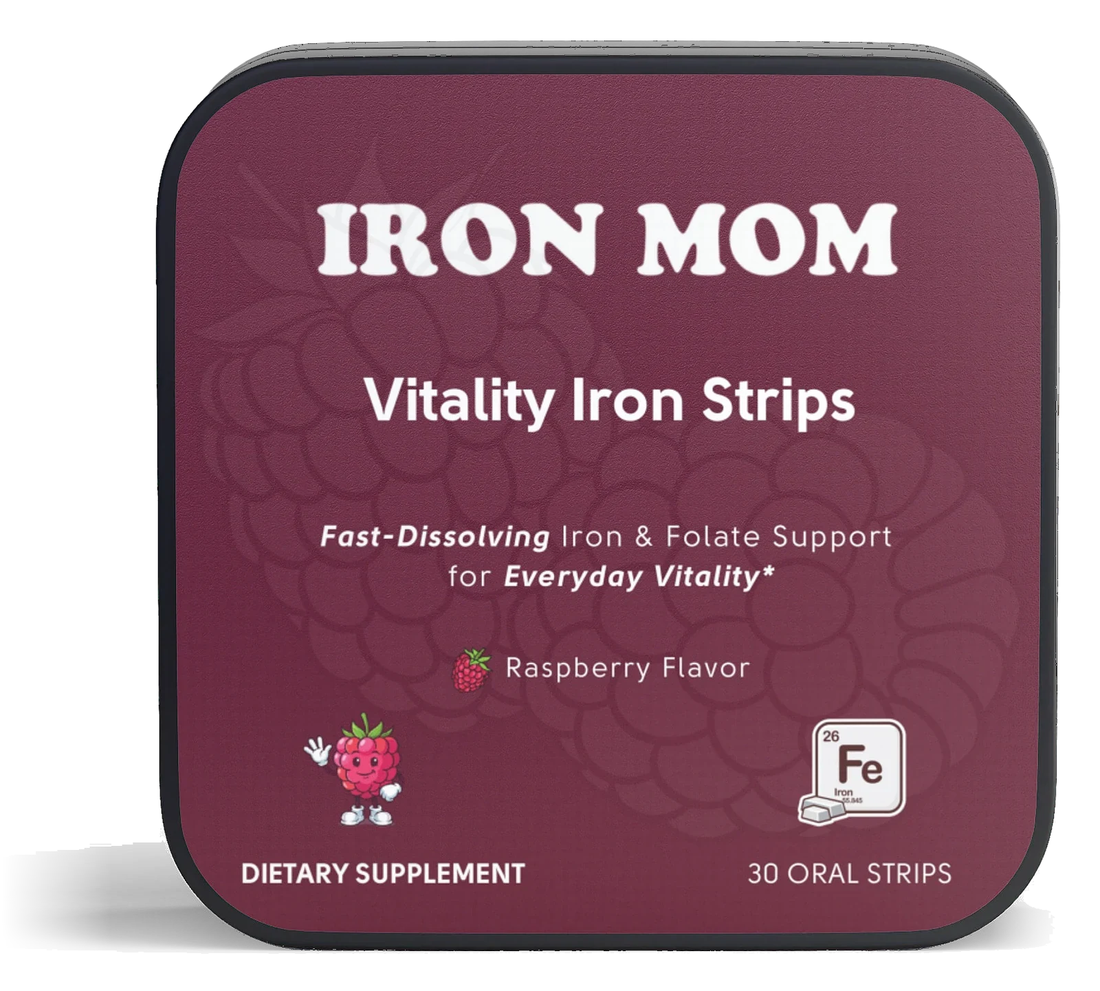 Iron Mom Vitality Iron Strips tin, raspberry flavor, front view